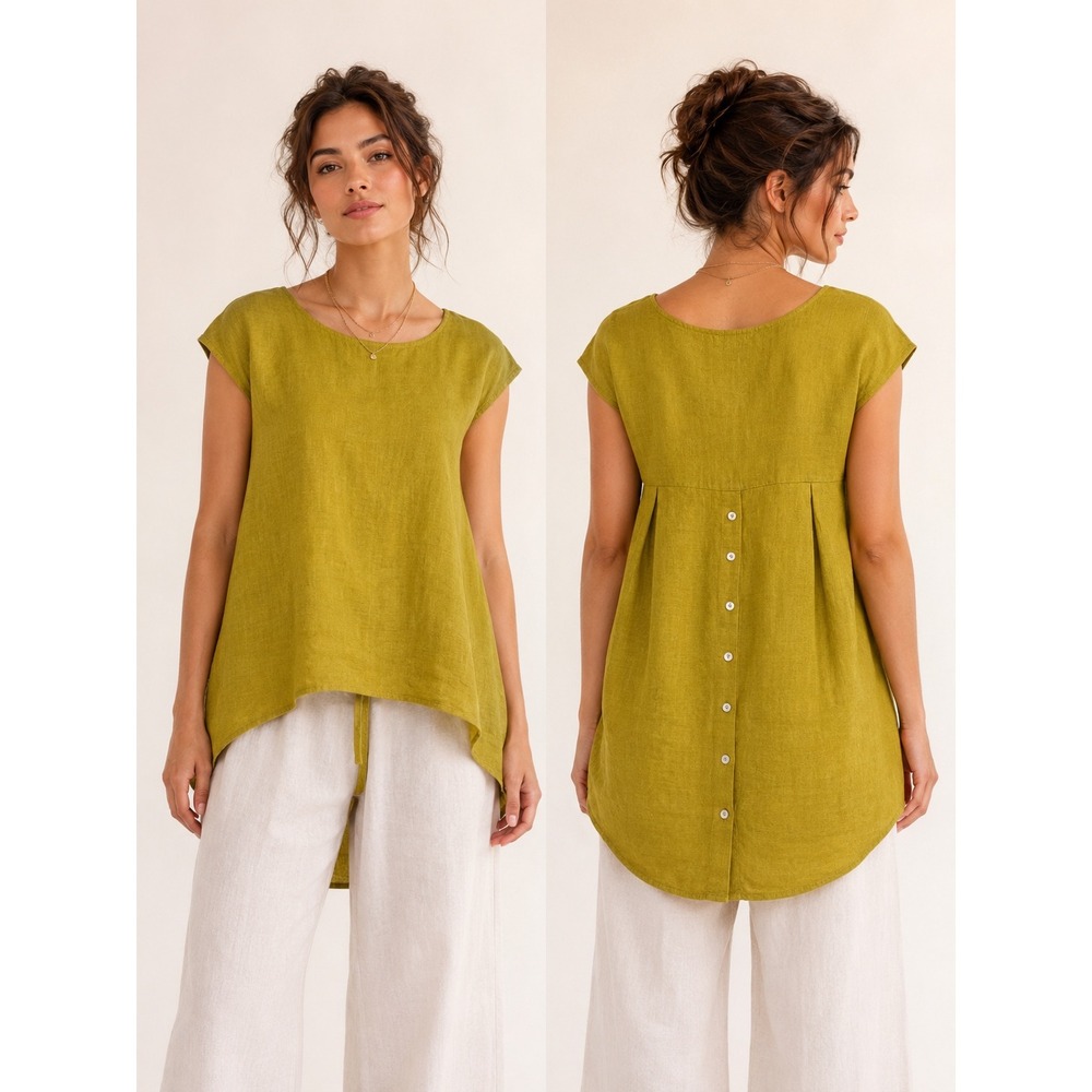 Terzo‎ Millennio Linen Womens Tunic S mustard Button Back High low Italy